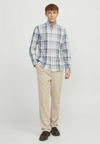 Camisa de cuadros en tonos blanco, azul y gris; de manga larga; combinada con pantalones beige y zapatos marrón oscuro.