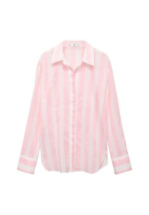 Lichtroze gestreepte button-up shirt met een kraag, lange mouwen en een relaxed fit. Gemaakt van lichtgewicht stof, met witte horizontale strepen.
