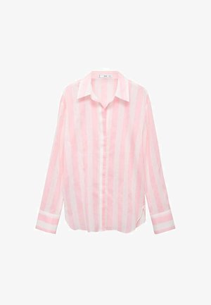 Světle růžová pruhovaná košile na knoflíky s límečkem, dlouhými rukávy a volným střihem. Vyrobena z lehké látky, s bílými vodorovnými pruhy.