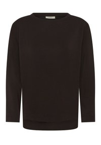 Camiseta de manga larga negra, hecha de tela suave, con escote redondo y corte recto. Presenta un dobladillo suavemente curvado en la parte inferior.