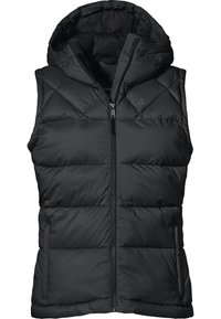 Czarna pikowana kamizelka z kapturem, z zamkiem z przodu, w rombowy wzór i kieszeniami po bokach. Wykonana z lekkiego, gładkiego materiału.
