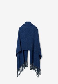 Blue woven shawl with a textured finish, featuring a folded collar and long fringes at the bottom.