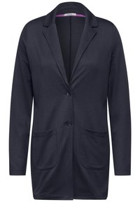 Blazer navy in morbido tessuto, con revers a punte, due tasche frontali, chiusura a singolo bottone e una texture liscia.