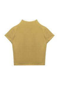 Top in cotone giallo senape a maniche corte con scollatura alta e vestibilità rilassata. Texture liscia e cuciture pulite senza decorazioni.