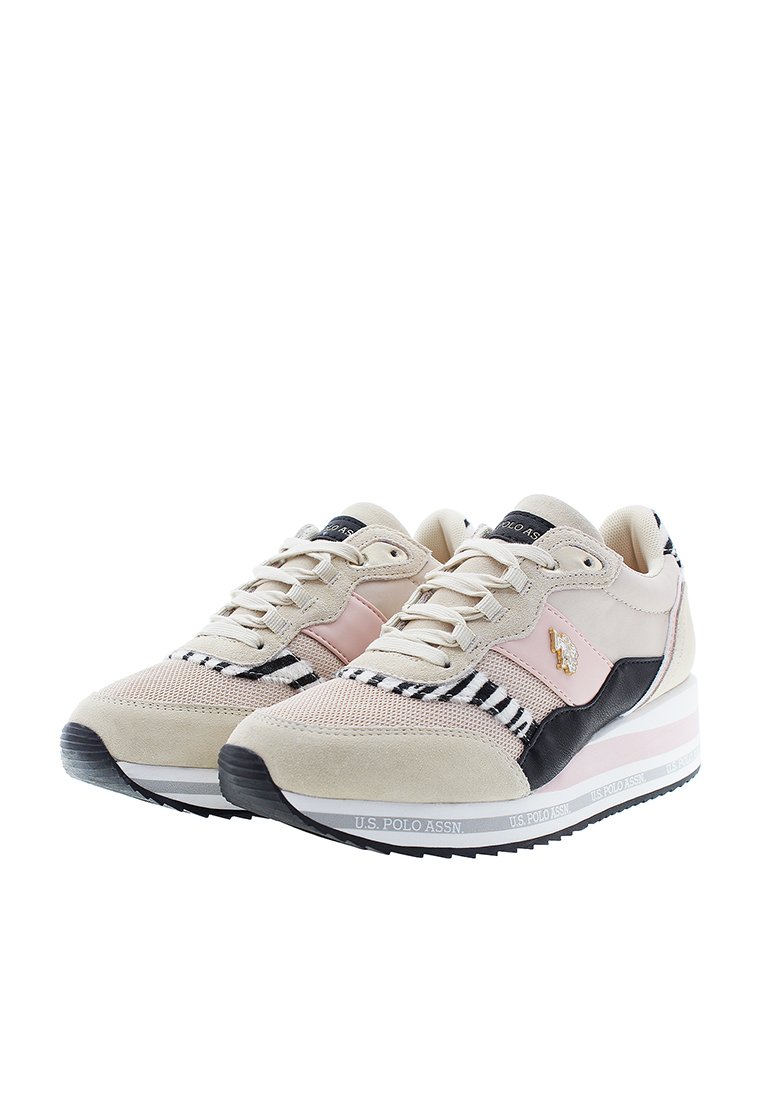 Beige und schwarze Sneaker aus Mesh und Wildleder mit rosa Akzenten, gestreiften Details, runder Spitze und mehrlagiger Sohle.