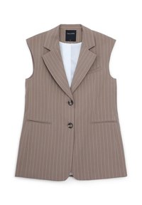 Blazer senza maniche a righe marroni con rever a punta, due tasche frontali e chiusura con un solo bottone, realizzato in un tessuto liscio.