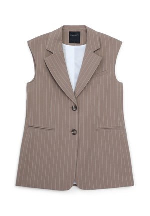 Blazer senza maniche a righe marroni con rever a punta, due tasche frontali e chiusura con un solo bottone, realizzato in un tessuto liscio.