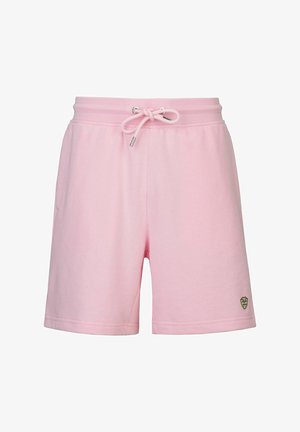 Roze katoenen shorts met een elastische tailleband en trekkoord. Voorzien van zijzakken en een klein merklabel op de onderzijde van het linkerbeen.