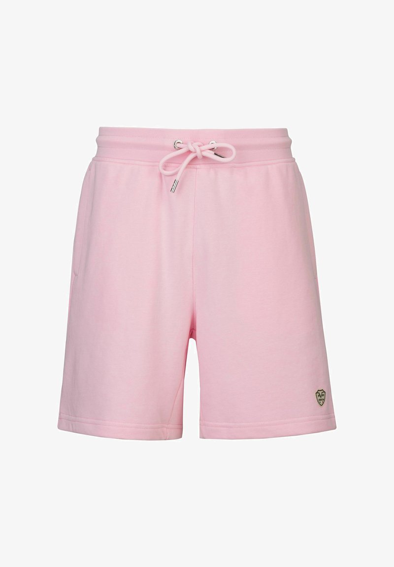 Rosa Baumwollshorts mit einem elastischen Bund und Kordelzug. Mit Seitentaschen und einem kleinen Markenetikett am linken Unterschenkel.