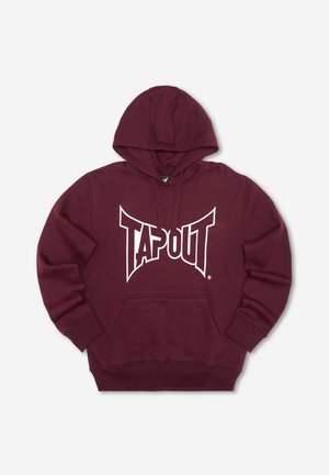 Tamsiai raudonas džemperis su gobtuvu, kuris reguliuojamas raišteliais, ir priekine kišene; ant krūtinės ryškus baltas "TAPOUT" logotipas; pagamintas iš medvilnės mišinio.