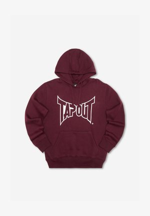 Maroon hoodie with drawstring hood and front pocket; features a prominent white "TAPOUT" logo on the chest; cotton blend material.