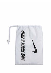 Sac à cordon blanc avec l'inscription "NIKE TRACK & FIELD" en lettres noires audacieuses et un logo Nike noir. Texture lisse, design léger.