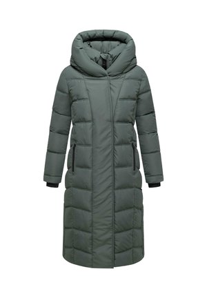 Cappotto puffer lungo verde, con un grande cappuccio, motivi a cucitura verticale e orizzontale, tasche laterali e polsini aderenti. Finitura opaca.