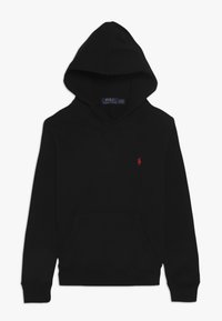 Black hoodie with front pocket, long sleeves, and red Polo Ralph Lauren logo on the left chest.