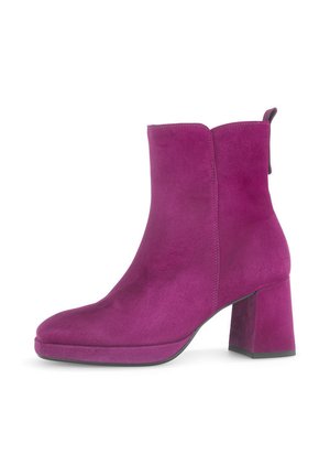 Magenta suede ankle boot with a block heel, rounded toe, and pull tab at the back. Smooth texture with visible stitching accents.