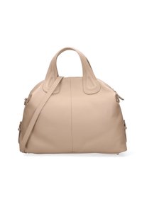 Borsa a mano in pelle beige con manici superiori rotondi e tracolla removibile, caratterizzata da una superficie liscia e una sottile cucitura visibile.