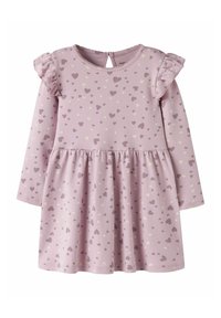 Robe longue à manches longues pour tout-petit en lilas avec épaules à volants et motifs de petits cœurs éparpillés en tons violet et crème.