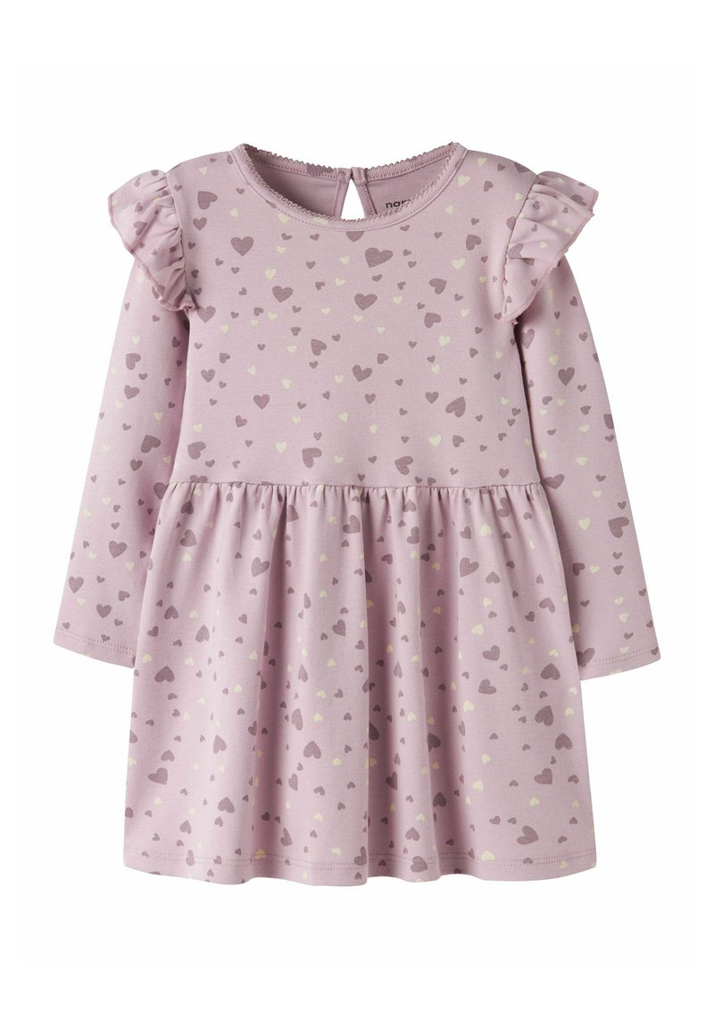 Robe longue à manches longues pour tout-petit en lilas avec épaules à volants et motifs de petits cœurs éparpillés en tons violet et crème.