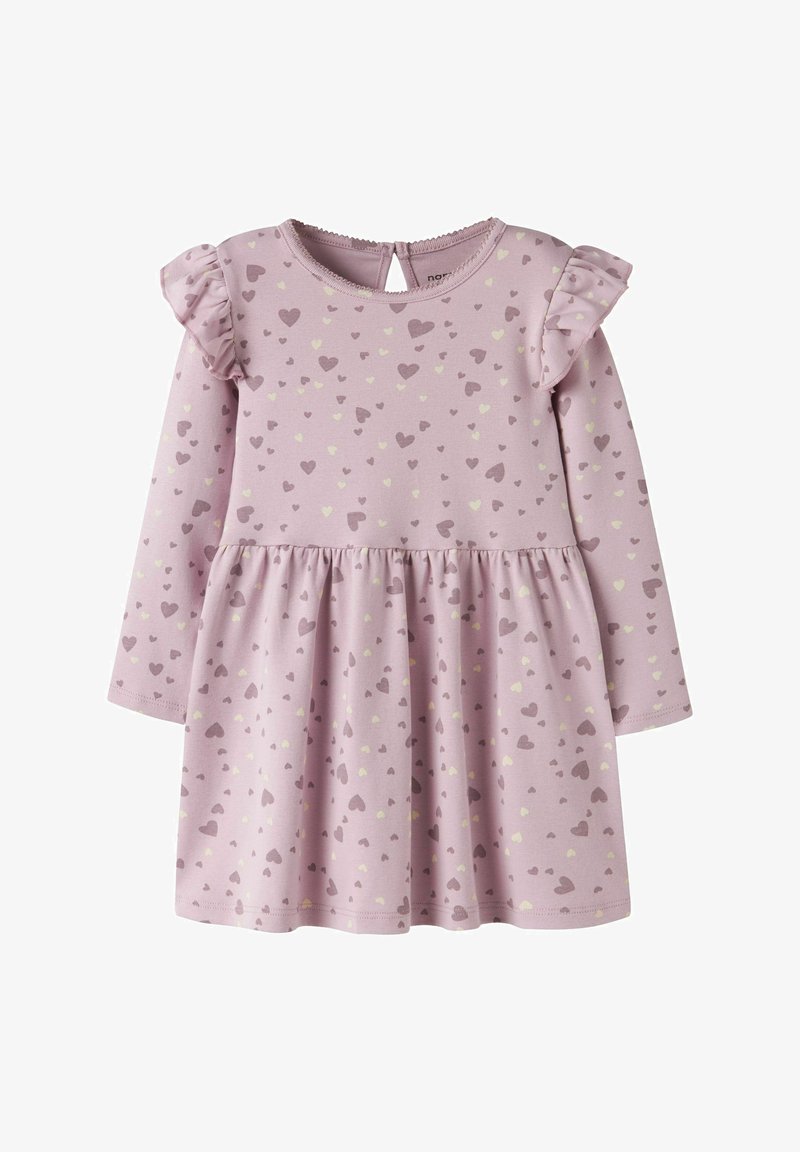 Robe longue à manches longues pour tout-petit en lilas avec épaules à volants et motifs de petits cœurs éparpillés en tons violet et crème.