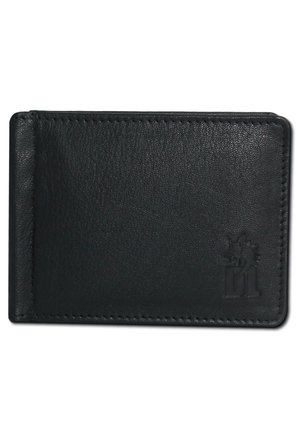 Black leather wallet with a textured finish, featuring a subtle embossed logo on one side and contrasting stitching along the edges.