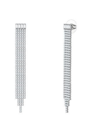 Lange silberne Ohrringe mit einem kaskadierenden Design aus klaren, rechteckig geschliffenen Kristallen, mit einer polierten Metalloberfläche und sicherem Verschluss.