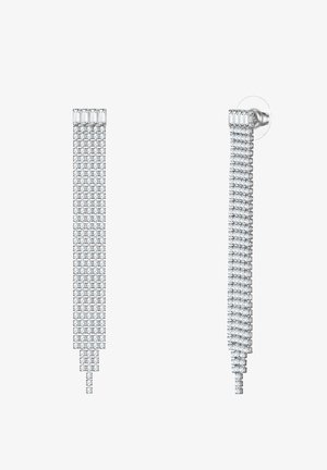 Ilgos sidabrinės auskarai, pasižymintys kaskadinio dizaino aiškiais, stačiakampio formos kristalais, turinčiais blizgų metalinį paviršių ir saugų užsegimą.