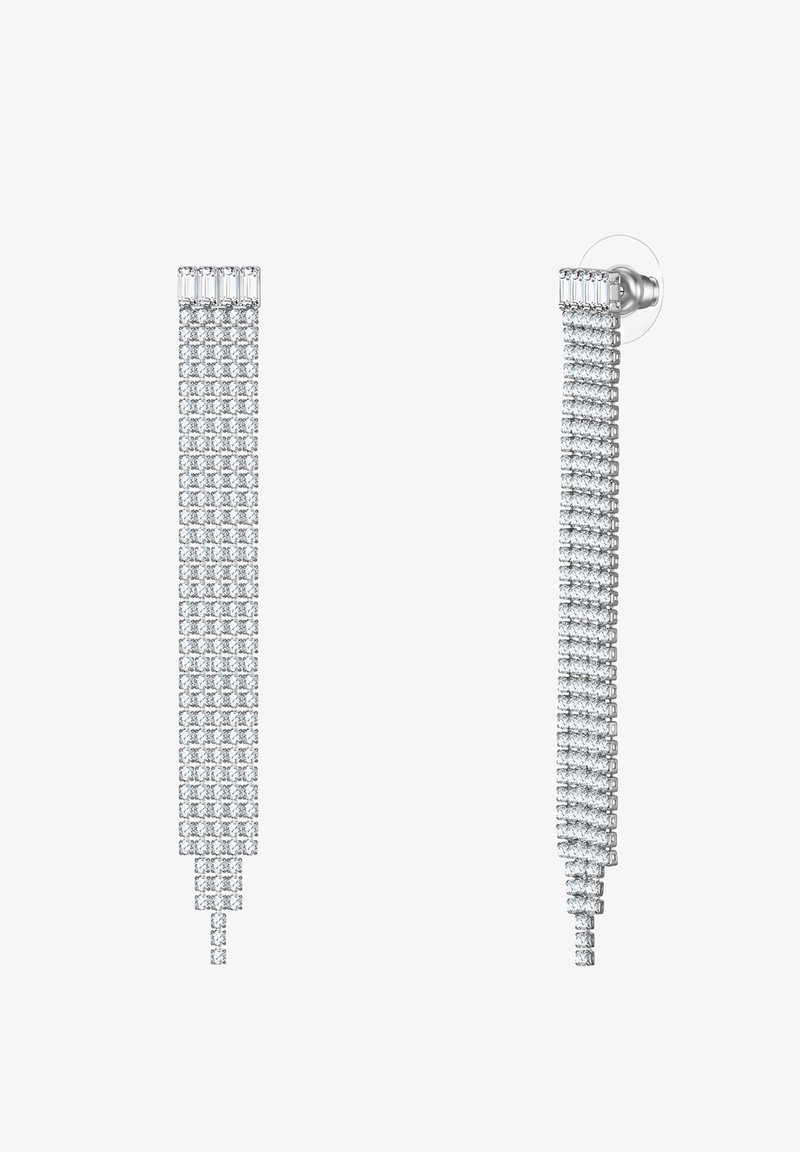 Dlhé strieborné náušnice s kaskádovým dizajnom z priehľadných, obdĺžnikovo rezaných kryštálov, s lešteným kovovým povrchom a bezpečným zapínaním.