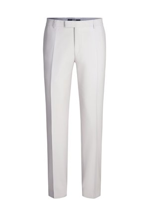 Hellgraue maßgeschneiderte Hose aus glattem Stoff. Verfügt über eine flache Vorderseite, zwei Seitentaschen und ein schlankes, gerades Bein.