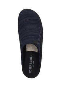 Blue fabric slip-on shoe with a textured upper, elasticized opening, and black rubber sole. Logo visible on insole. Casual design.