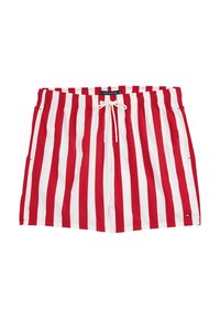 Rot-weiße gestreifte Schwimmshorts mit einem elastischen Bund, Kordelzugverschluss und Seitentaschen. Hergestellt aus leichtem, schnelltrocknendem Material.