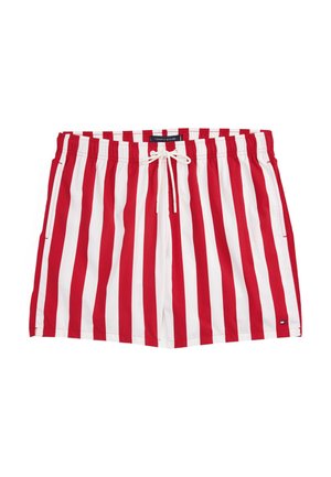 Red and white striped swim shorts with an elastic waistband, drawstring closure, and side pockets. Made from lightweight, quick-dry fabric.
