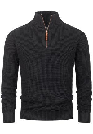 Black knit sweater featuring a half-zip collar and textured ribbed detailing. The cuffs and hem are also ribbed for a fitted look.
