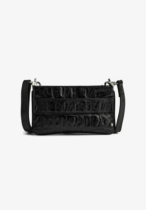 Black rectangular handbag made of glossy, textured material with crocodile-like patterns, featuring a thin shoulder strap and silver hardware.