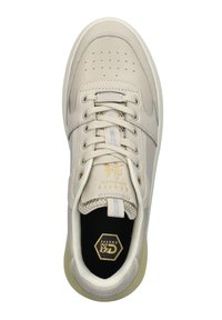 Beige leren sneaker met geperforeerde neus, gestructureerde zijpanelen, vetersluiting en gouden logo-accenten. Dunne gestreepte details op de tong.