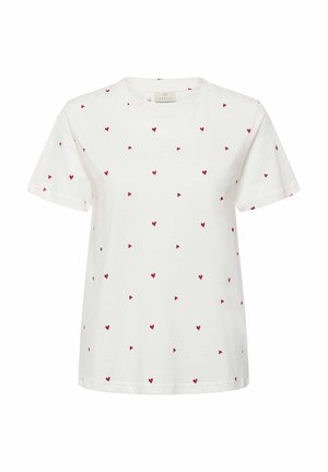 T-shirt blanc à manches courtes avec motifs dispersés de cœurs rouges, col rond côtelé et coupe décontractée. Fabriqué en coton doux.