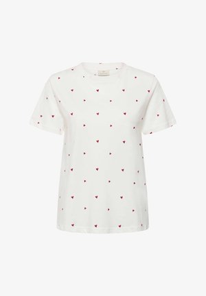 Bijela majica kratkih rukava s razbacanim crvenim uzorcima srca, rebrastim okruglim izrezom i ležernim krojem. Izrađena od mekanog pamučnog materijala.