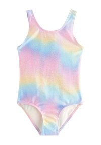 Badeanzug in Einteiler-Form mit einem Regenbogenverlauf in den Farben Rosa, Blau und Gelb. Glattes, glänzendes Material mit breiten Trägern und klassischem Schnitt.