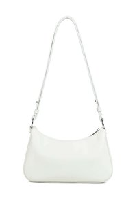 Borsa a tracolla in pelle bianca con forma curva, sottile tracolla regolabile e chiusura superiore con cerniera. Texture liscia, design minimalista.