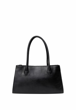 Sac à main rectangulaire en cuir noir avec deux longues poignées et une fermeture éclair sur le dessus, présenté sur fond blanc.