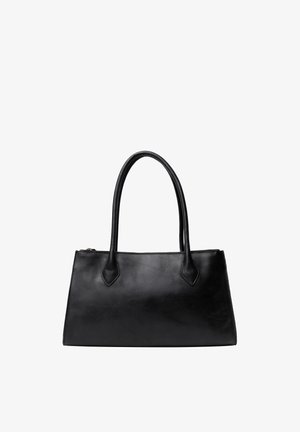 Bolso de mano rectangular negro de cuero con dos asas largas y cierre superior con cremallera, mostrado sobre un fondo blanco.