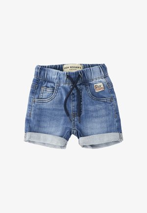 Shorts da bambino in denim blu con cintura elasticizzata, coulisse nera, orli arrotolati, tasche frontali e etichetta Roy Roger's Kidswear.
