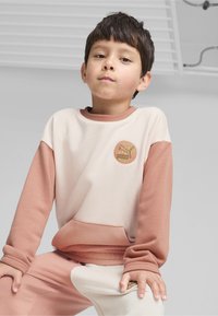 Ljusrosa och dammig ros sweatshirt med långa ärmar, rund halsringning och broderad logotyp. Mjuk textur med detaljerad framficka.