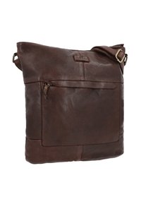 Braune Leder-Umhängetasche mit strukturiertem Oberflächen, einer vorderen Reißverschlusstasche und einem verstellbaren Tragegurt. Hat ein einfaches, rechteckiges Design.