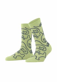 Grüne Socken mit einem dezenten, grauen, abstrakten Wirbelmuster; aus weichem Material, knöchellang und mit verstärkter Fußspitze und Ferse für Langlebigkeit.