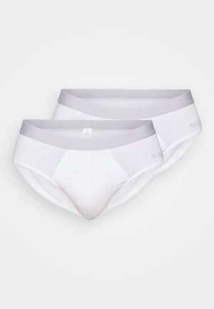 Twee paren witte herenonderbroeken van katoen, met een soepele grijze elastieken tailleband en een ondersteunend ontwerp met een voorzakje.