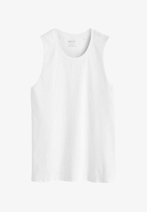 Biely bezrukávový top z bavlny. Obsahuje okrúhly výstrih a rovný lem s bežným strihom, bez vzorov alebo ozdôb.