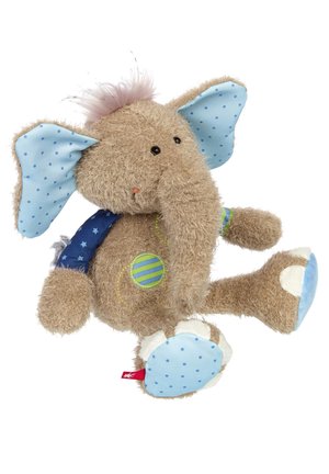 Jouet en peluche doux en forme d'éléphant avec une fourrure beige, des oreilles à pois bleus et des accents colorés cousus. Présente une touffe rose duveteuse sur le dessus et des membres robustes.