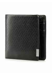 Czarny portfel ze skóry z fakturowanym wzorem powtarzającym logo. Składany model z srebrnym logo i zamykaną na zamek komorą.