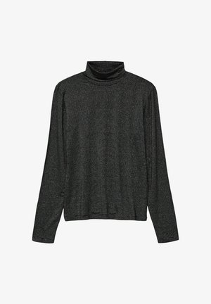 Haut noir à manches longues et col roulé, arborant un design texturé à côtes avec des accents de fil métallique discret. Coupe ample, tissu doux.