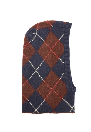 Kamizelka z wełny w wzór argyle w kolorze granatowym, brązowym i czerwonym, z ribbowanym dekoltem i bocznymi otworami na rękawy. Miękka tekstura, klasyczny design.